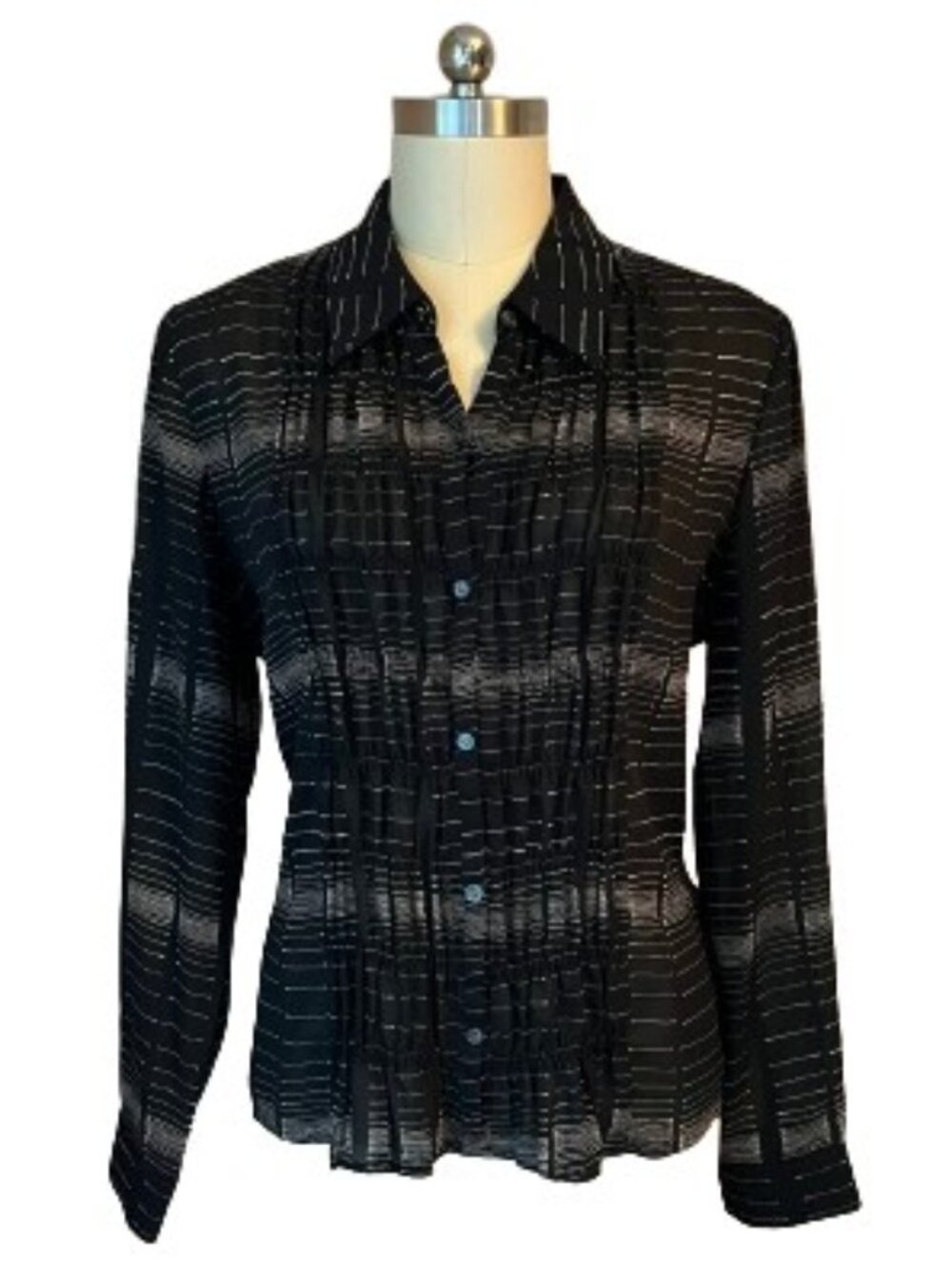 Liz Claiborne Tuxedo Pleated Sheer Black Button Down Shirt Blouse - EUC